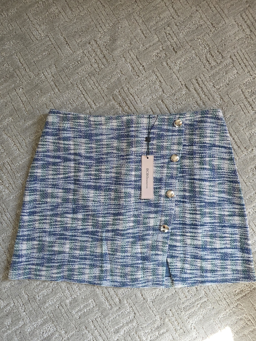BCBGeneration Blue and Green Plaid Tweed Mini Skirt with Side Buttons